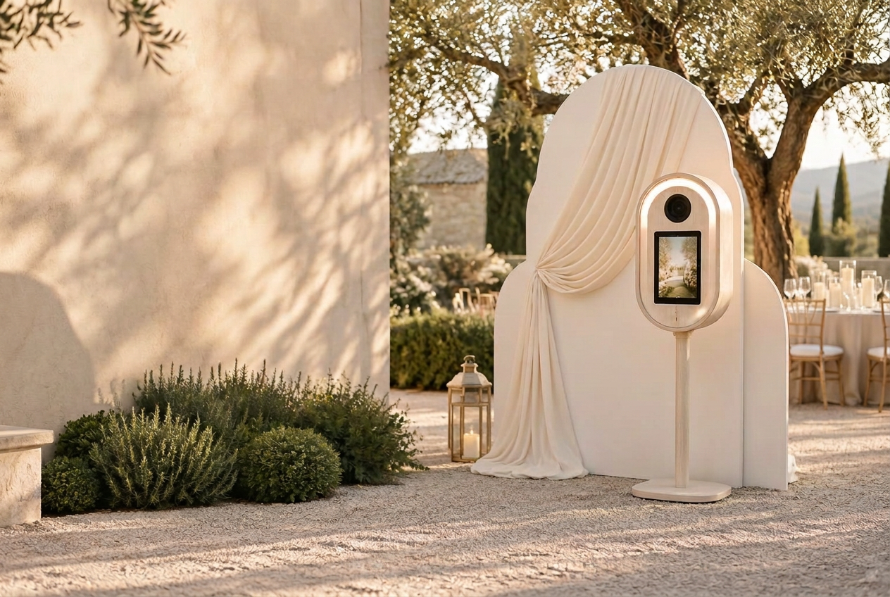 An elegant ivory photo booth beside a softly draped ivory backdrop in a sunlit garden
